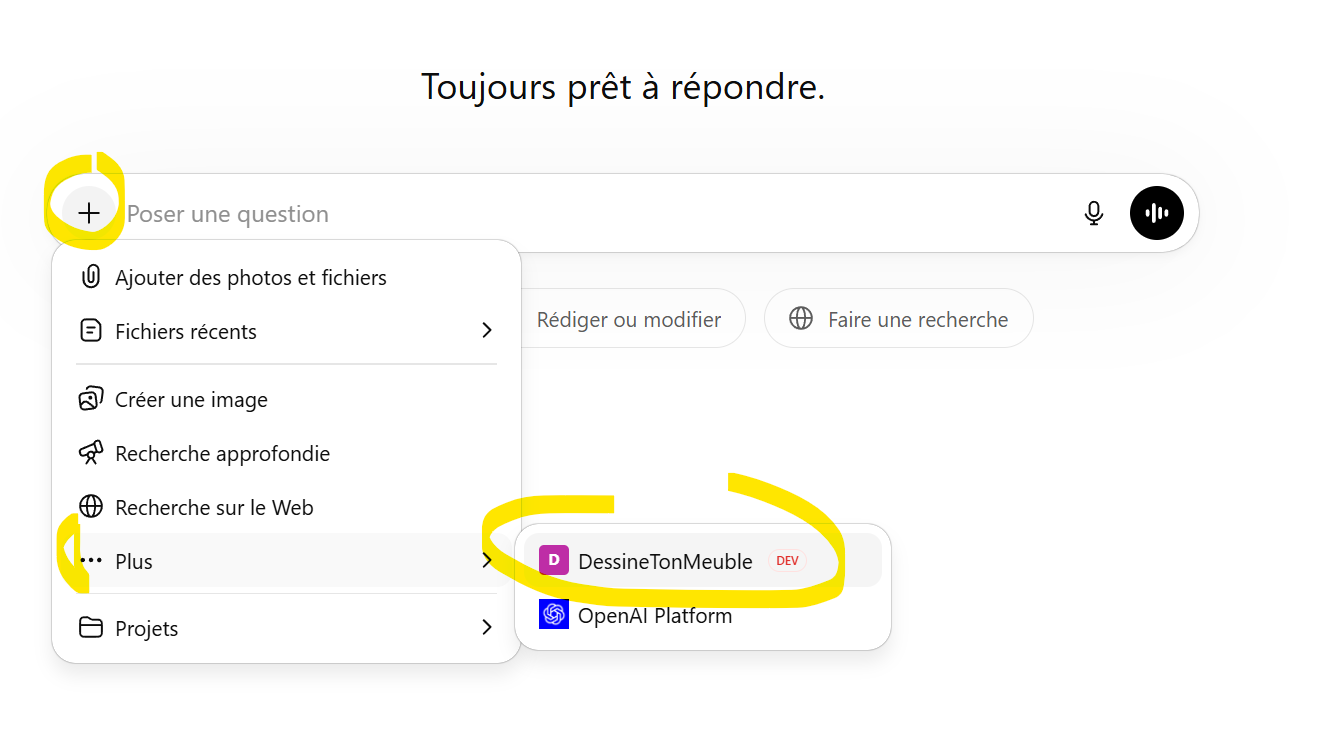 ChatGPT menu showing how to enable the DessineTonMeuble connector in a conversation