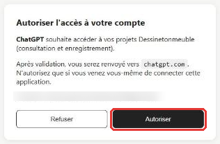 Écran DessineTonMeuble Autoriser l'accès à votre compte avec le bouton Autoriser