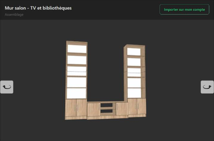 Première version en 3D : deux grandes bibliothèques en chêne encadrant un meuble TV bas