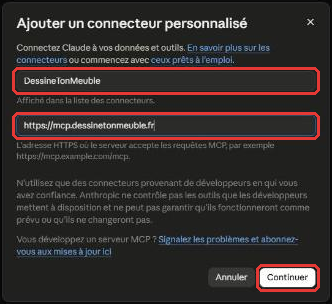 Formulaire d'ajout de connecteur personnalisé dans Claude avec le nom DessineTonMeuble et l'URL mcp.dessinetonmeuble.fr