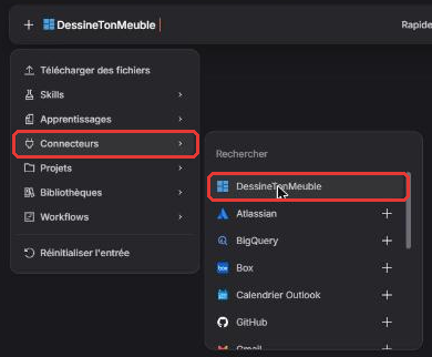 Menu + de Mistral, sous-menu Connecteurs avec DessineTonMeuble sélectionné