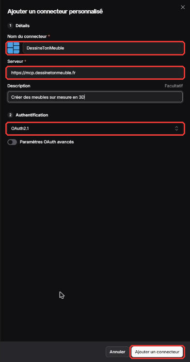 Formulaire Ajouter un connecteur personnalisé de Mistral rempli avec DessineTonMeuble, l'URL du connecteur et l'authentification OAuth2.1