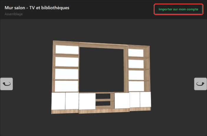 Version finale en 3D avec façades blanches lisses, sans poignées, et le bouton Importer sur mon compte