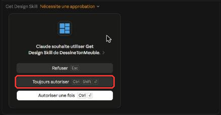 Demande d'autorisation de Claude pour utiliser un outil DessineTonMeuble, avec les boutons Refuser, Toujours autoriser et Autoriser une fois