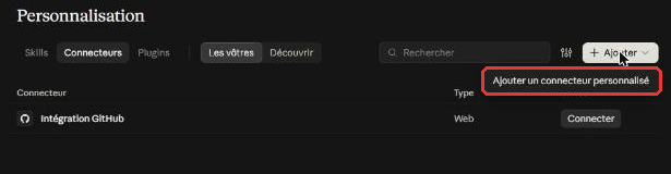 Page Personnalisation de Claude, onglet Connecteurs, menu Ajouter ouvert sur Ajouter un connecteur personnalisé