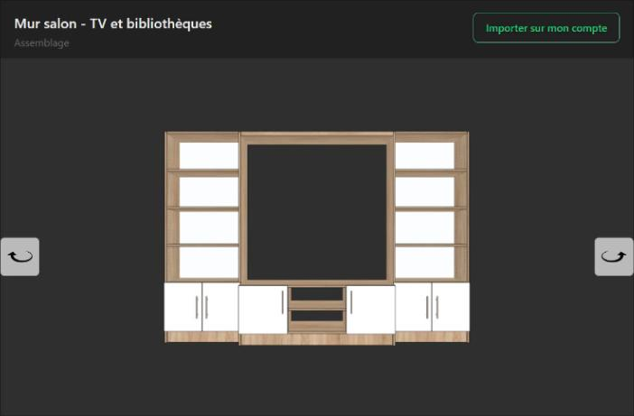 Deuxième version en 3D : bibliothèques plus basses reliées par une étagère au-dessus de la TV, portes blanches et caissons en bois clair