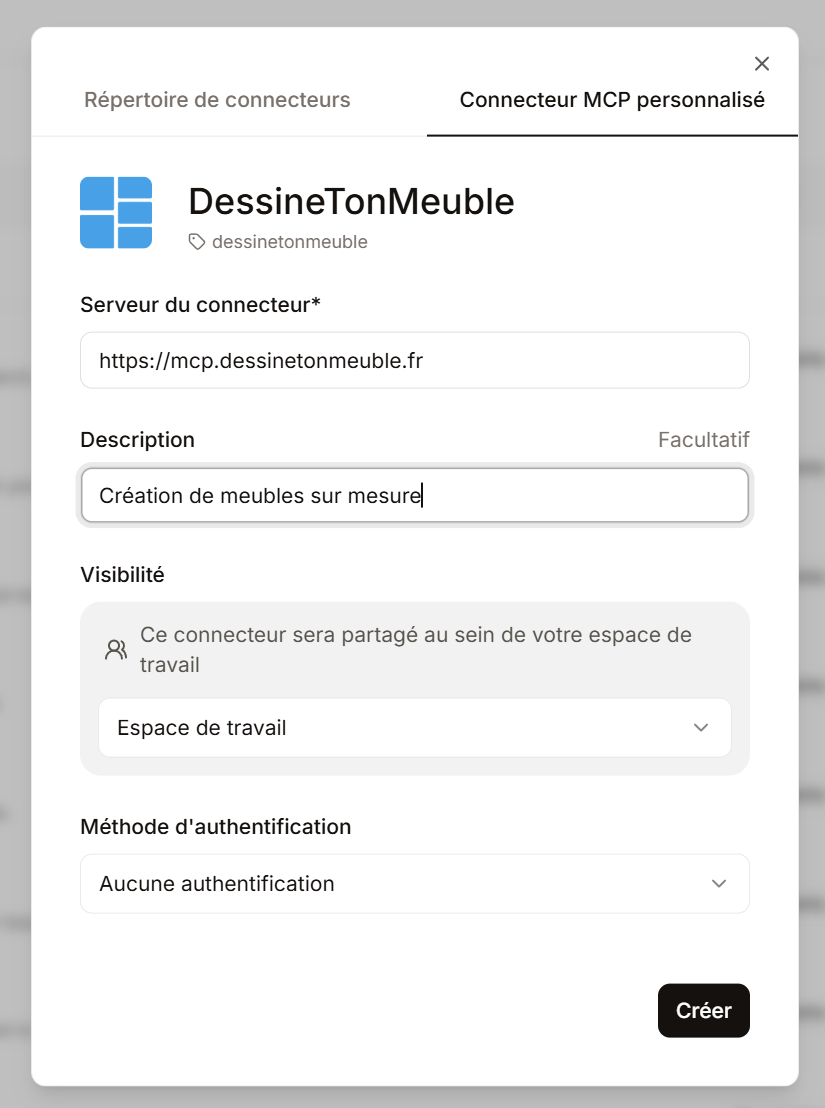 Completed Mistral form with the name DessineTonMeuble and the MCP URL