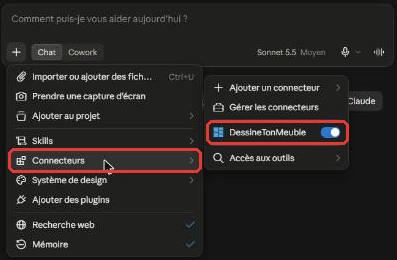 Menu + de Claude, sous-menu Connecteurs avec DessineTonMeuble activé