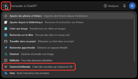 Menu + de ChatGPT montrant le plugin DessineTonMeuble à activer dans la conversation