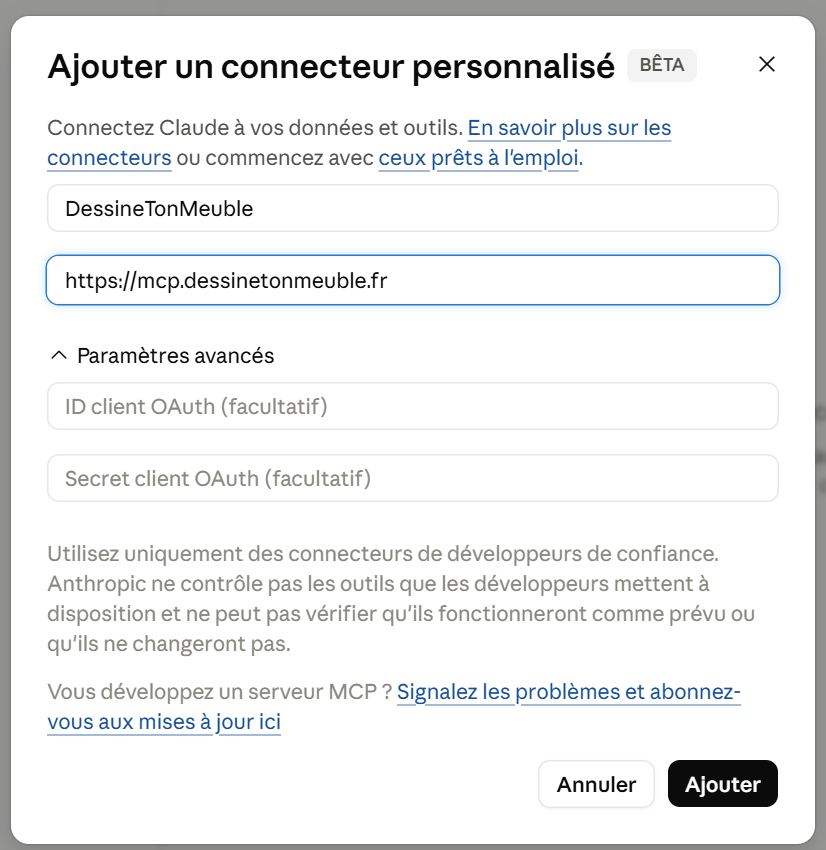 Custom connector form in Claude with the URL mcp.dessinetonmeuble.fr