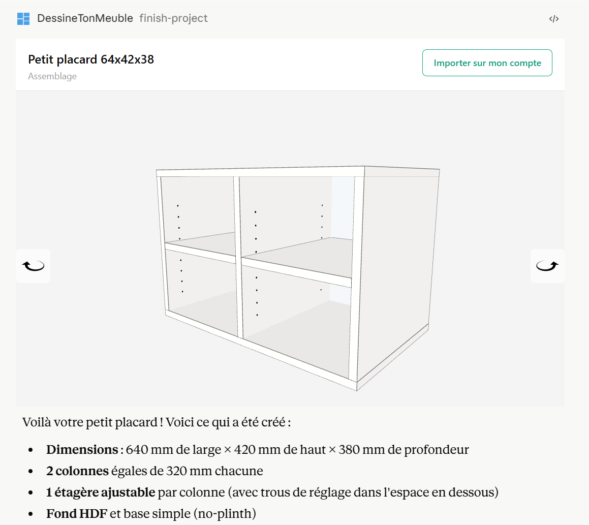 Result in Claude: a 64x42x38cm wardrobe shown in interactive 3D with the Import to my account button