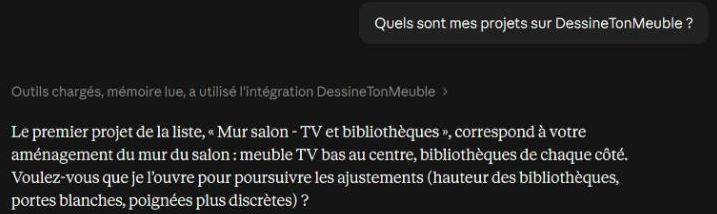 Nouvelle conversation : l'assistant retrouve le projet Mur salon sur le compte et propose de le rouvrir