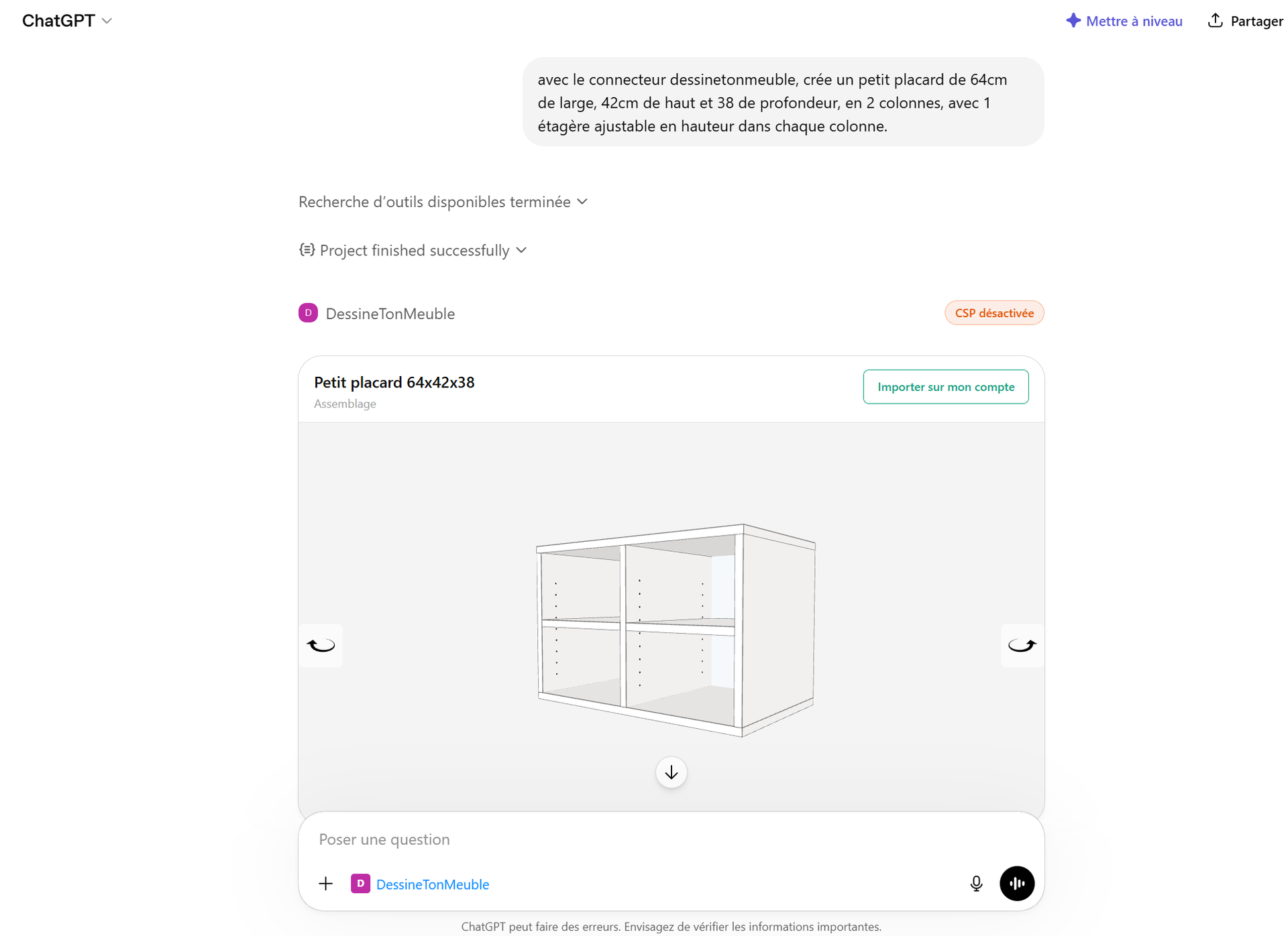 Result in ChatGPT: a 64x42x38cm wardrobe shown in 3D with the Import to my account button