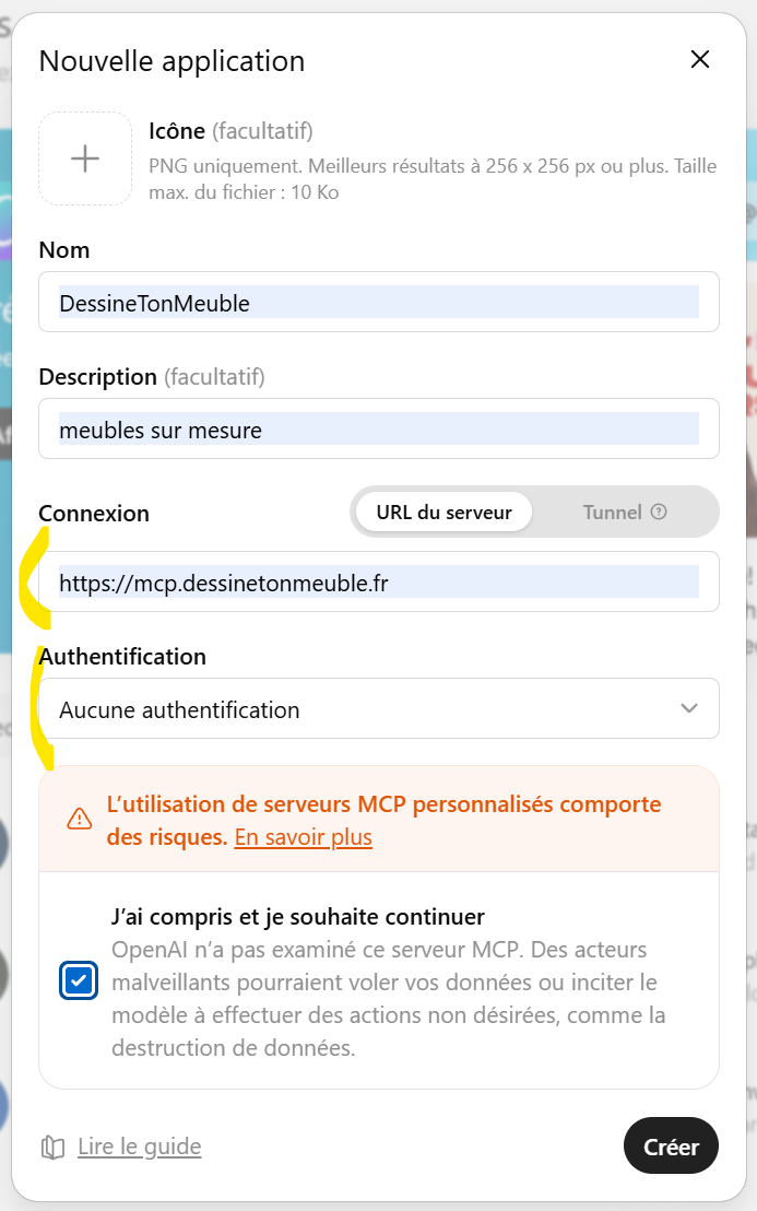 ChatGPT app creation form with the name DessineTonMeuble and the MCP URL