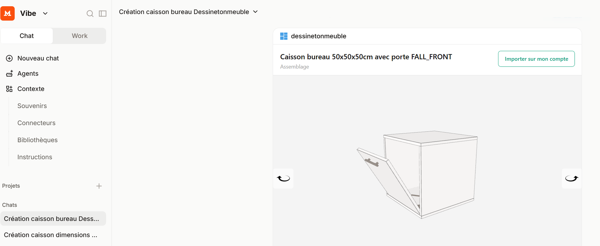 Result in Mistral: a 50x50x50cm desk cabinet with a flap door shown in 3D