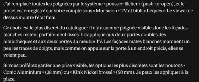 Réponse de l'assistant : il choisit une ouverture par pression sans poignée visible et propose deux boutons discrets en alternative