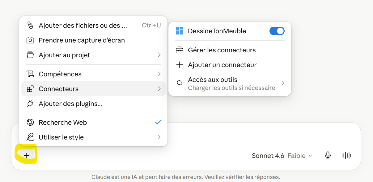 Claude menu showing the DessineTonMeuble connector enabled in the conversation