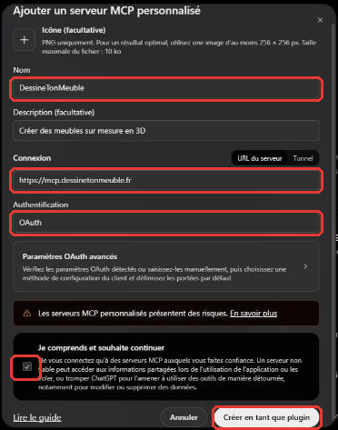 Formulaire Ajouter un serveur MCP personnalisé de ChatGPT rempli avec le nom DessineTonMeuble, l'URL du connecteur et l'authentification OAuth