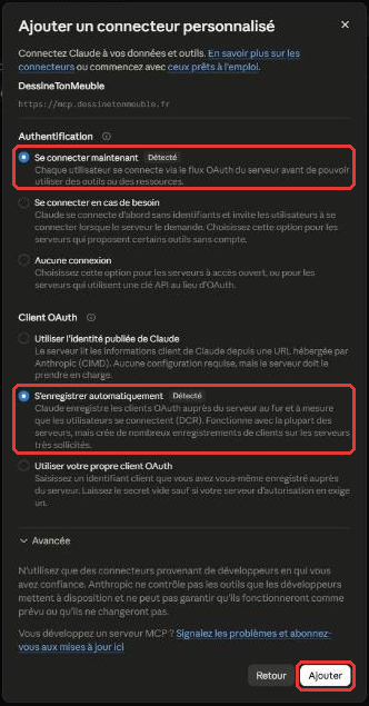 Options d'authentification du connecteur dans Claude : Se connecter maintenant et S'enregistrer automatiquement, marqués Détecté