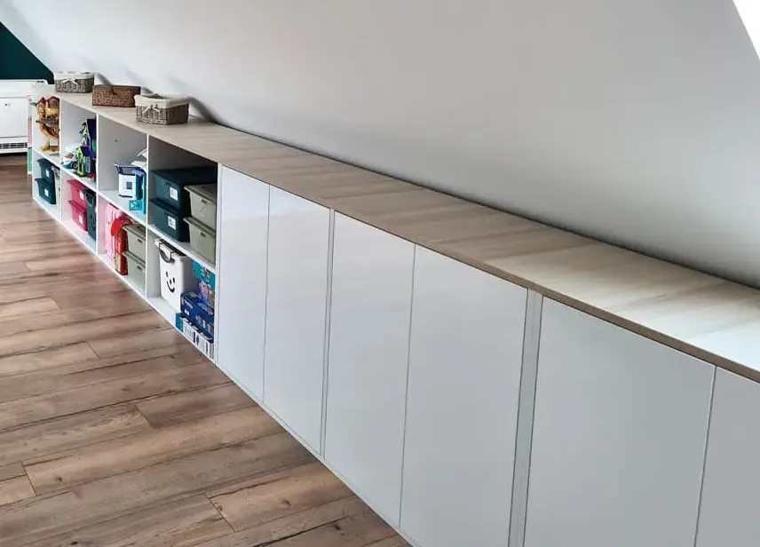 Customizable storage boxes under slope