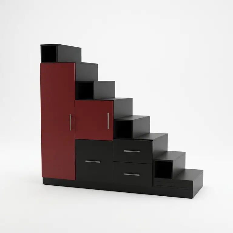 Meuble escalier rouge et noir avec portes et tiroirs