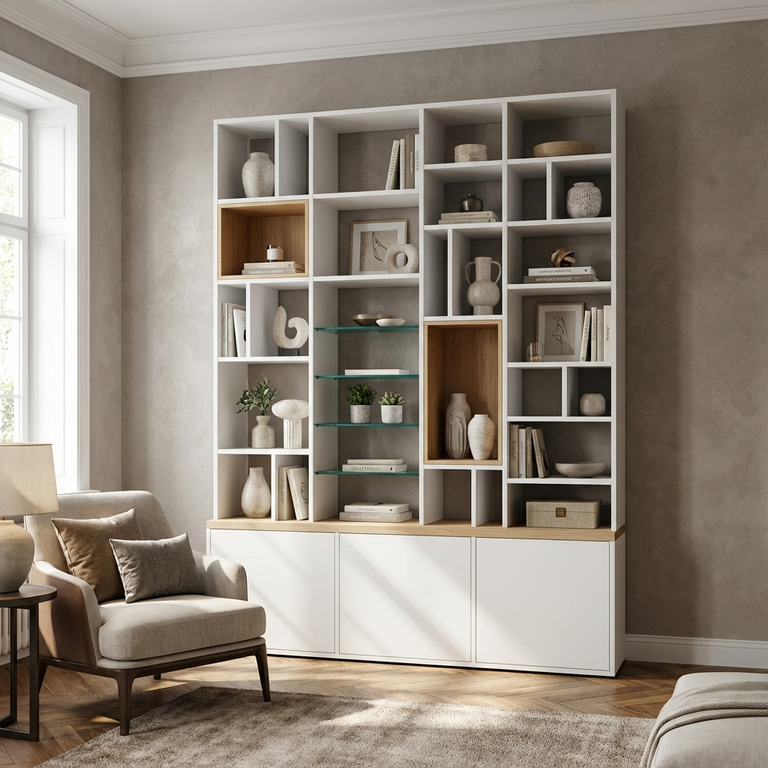 Assemblage meuble bas et bibliothèque sur mesure avec étagères en verre