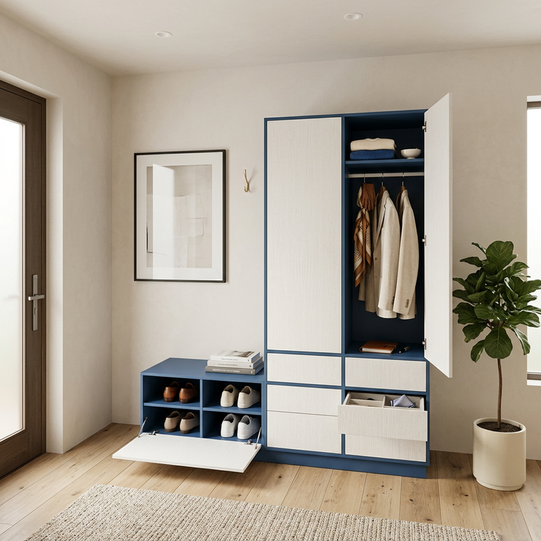 meuble d'entrée avec assise personnalisable bleu