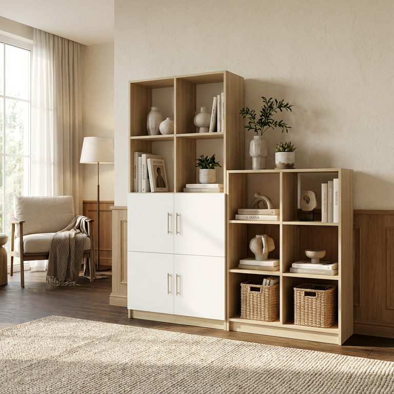 Bibliothèque sur mesure design en bois et blanc