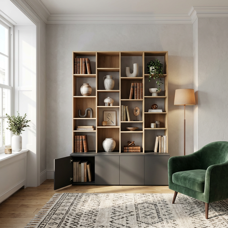 Bibliothèque sur mesure double profondeur bois et gris