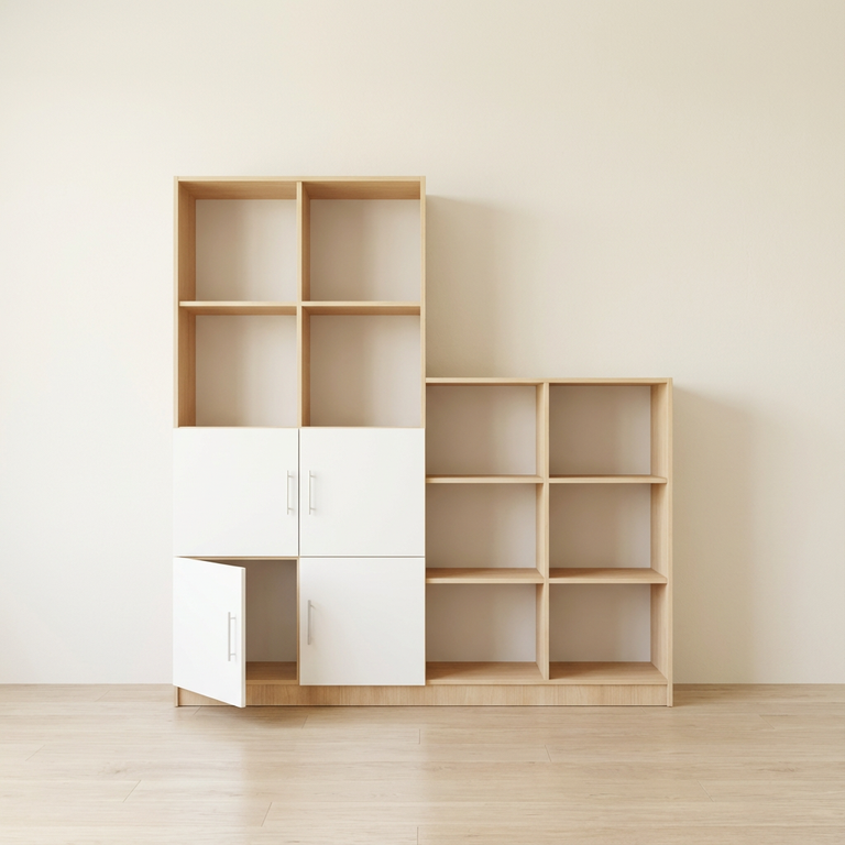 Bibliothèque à hauteur variable avec niches ouvertes et fermées