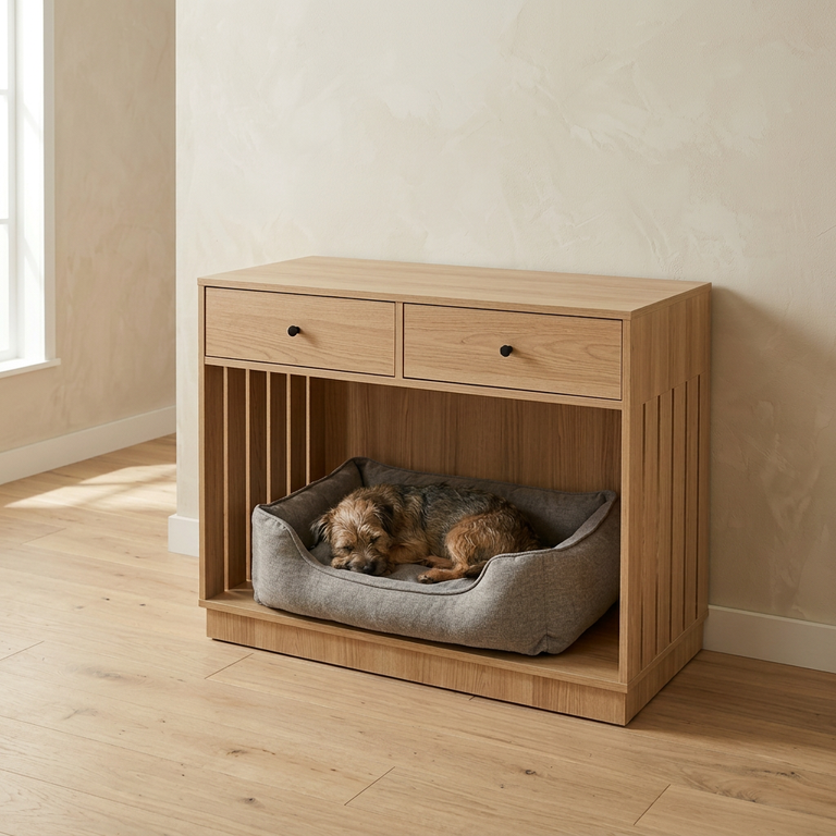 Meuble d’entrée sur mesure avec tiroirs et niche pour panier chien