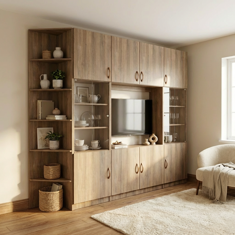 Aménagement complet sur mesure avec meuble d'angle et meuble TV avec portes en verre