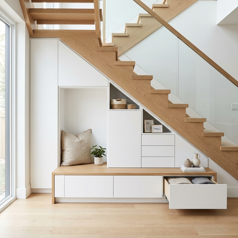 Meuble d'entrée sous escalier avec assise sur mesure
