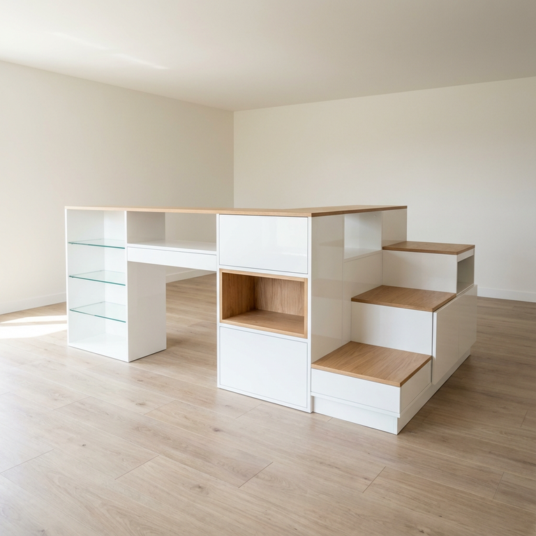 Rangements sous lit avec bureau, placards et meuble escalier 