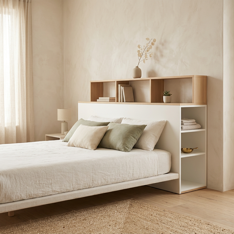 Tête de lit sur mesure avec étagères sur les côtés