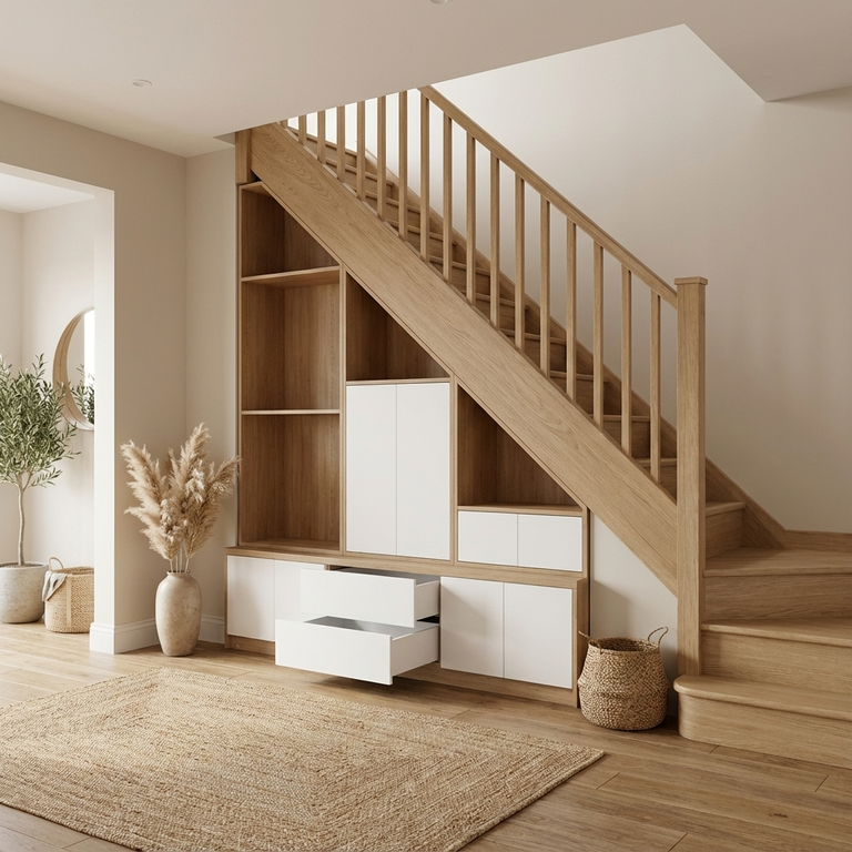 Aménagement sous escalier bois et blanc avec buffet