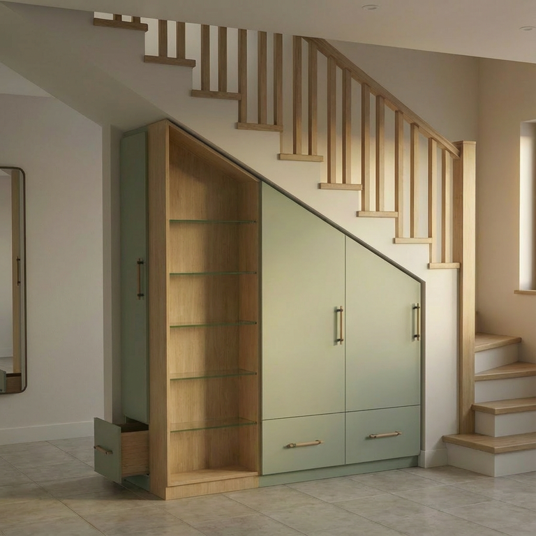 Meuble sous pente ou sous escalier sur mesure avec étagères en verre