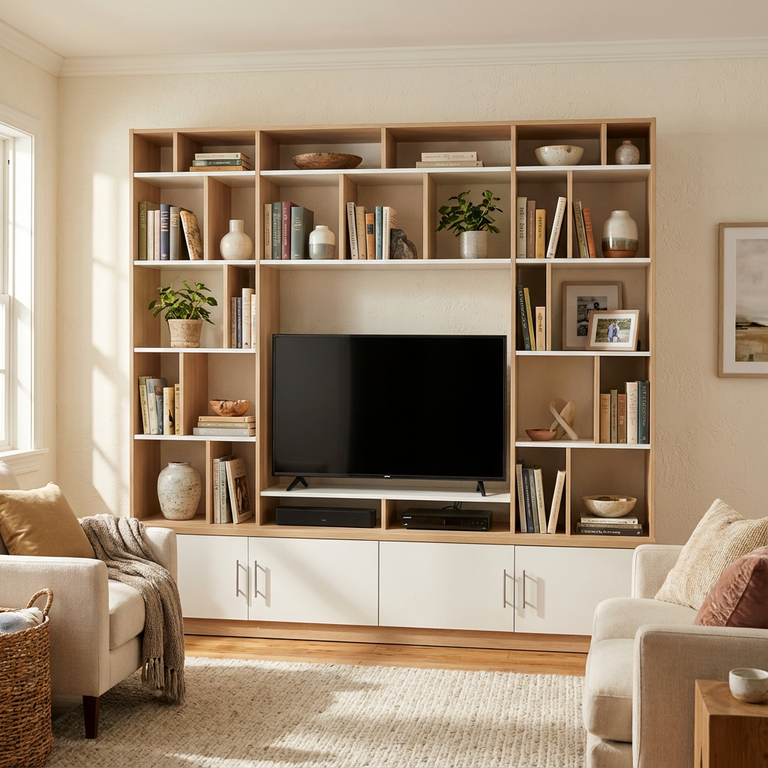 Meuble bibliothèque avec espace TV blanc et bois