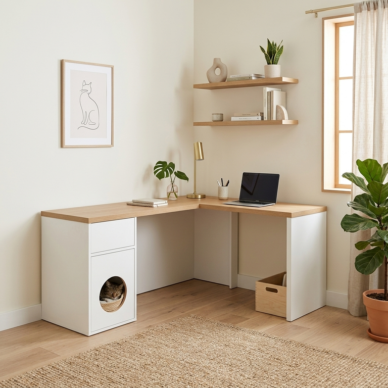 Bureau sur mesure en angle avec espace pour panier chat - Vue 3