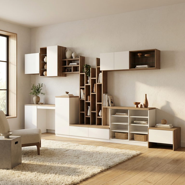 Aménagement De Salon Complet Moderne Avec Bibliohtèque, Bureau Et Meuble De Rangement 