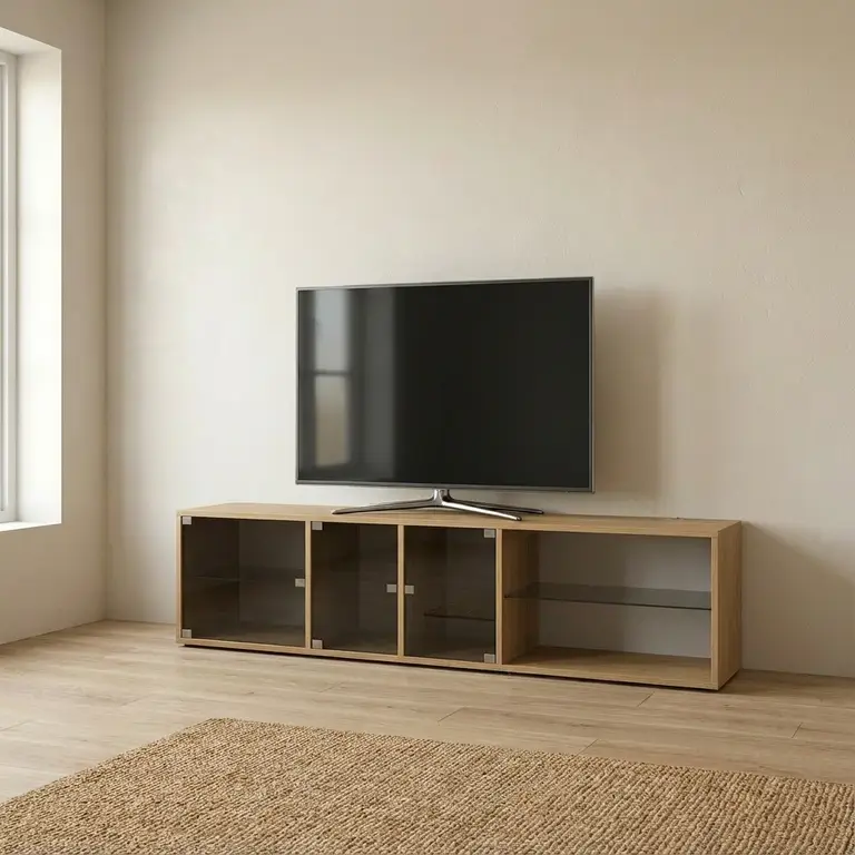 TV-meubel met plank en deuren van zwart gehard glas