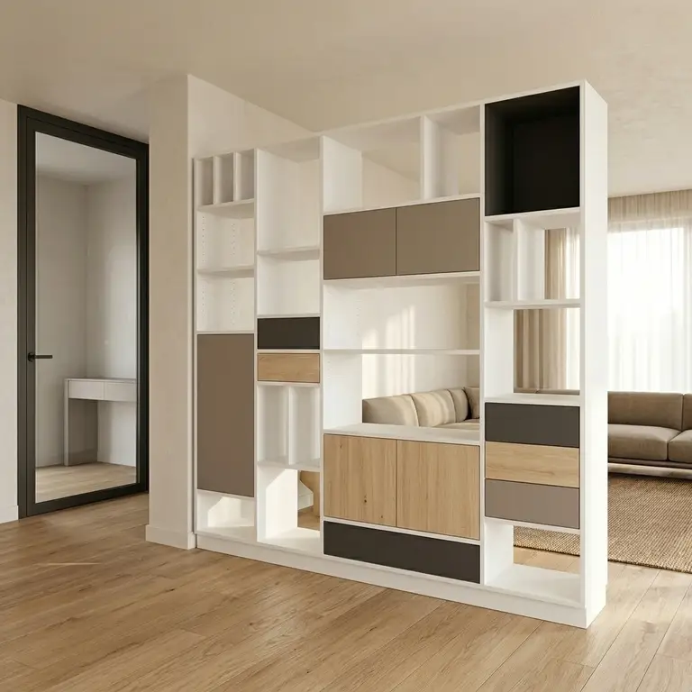 Wall-partition bookcase with modular storage space