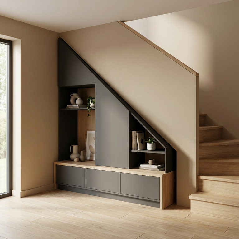 Aménagement sous escalier gris et bois