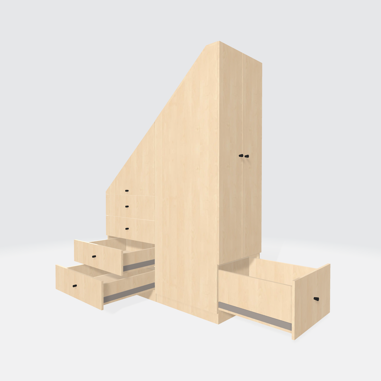 Cabinet under stairs with wardrobe and drawers