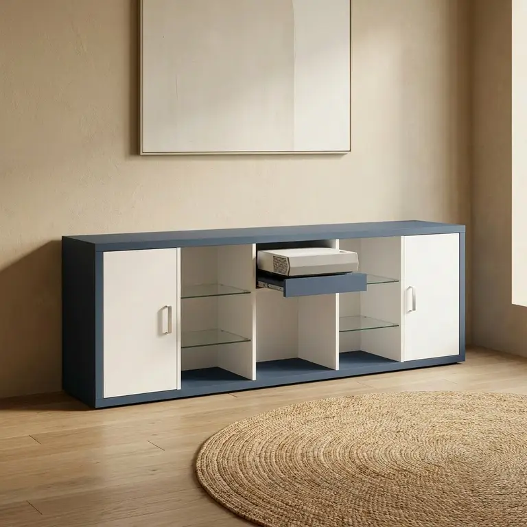 Cabinet for video projector and motorized screen