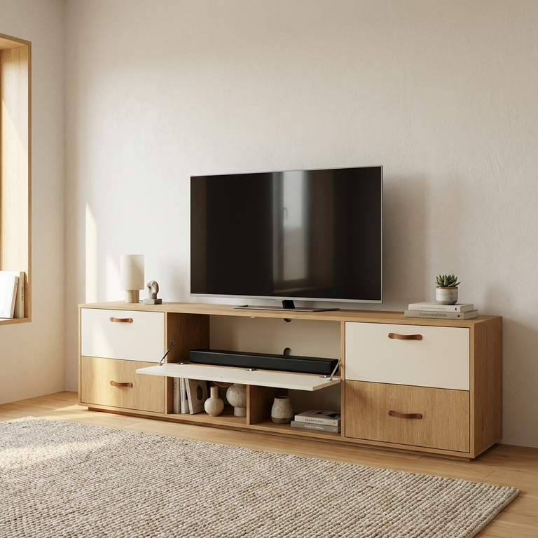 Meuble TV sur mesure avec abattant secrétaire pour barre de son 