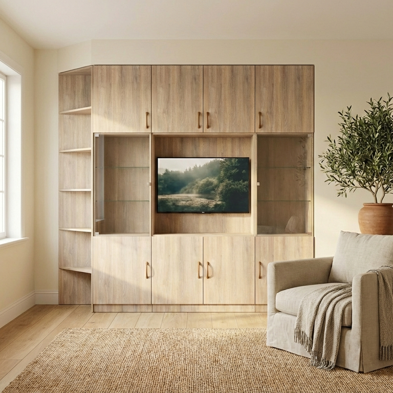 Custom TV cabinet with glass doors and corner shelves - Vue 5