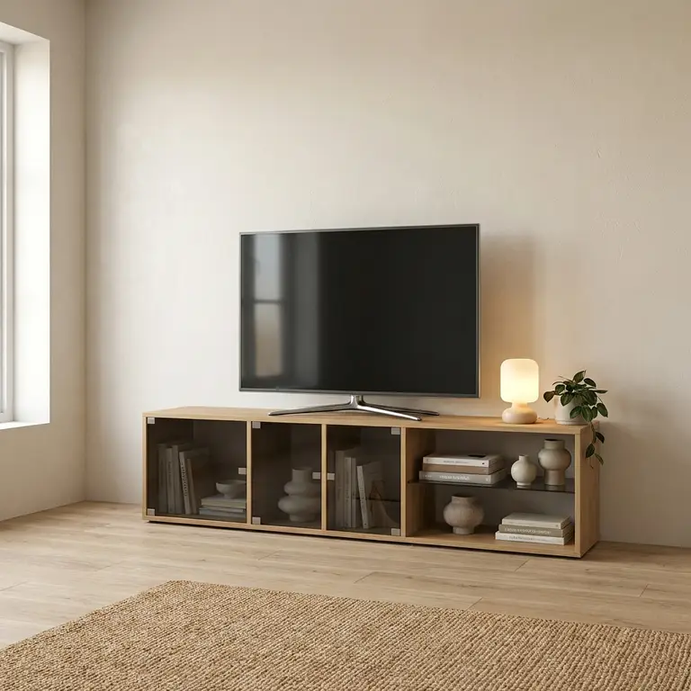 Meuble TV Avec Portes En Verre Et Étagère En Verre Teintée Noire