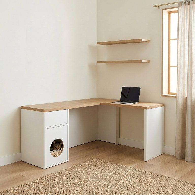 Bureau sur mesure en angle avec espace pour panier chat