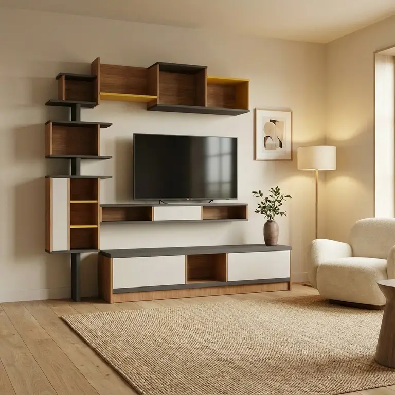 Asymmetrische, modulaire boekenkast en TV-meubel 